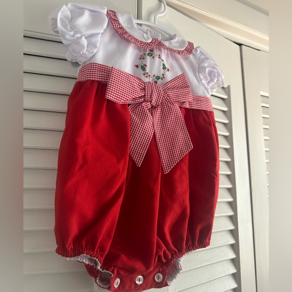 The Proper Peony Red and White Baby Bubble Romper with Bow - Picture 5 of 10